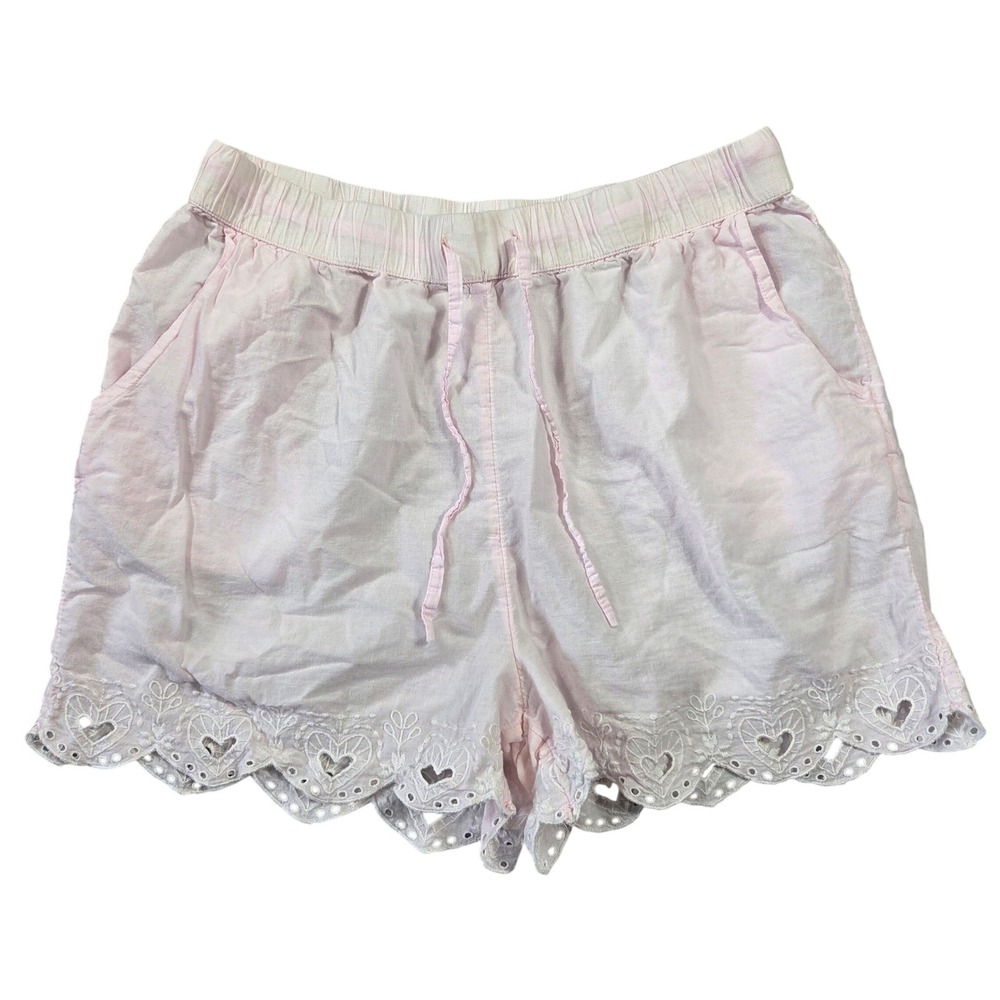 Shabby Chic Pink Cotton Heart Eyelet Scalloped Lounge Pajama Shorts Womens Large